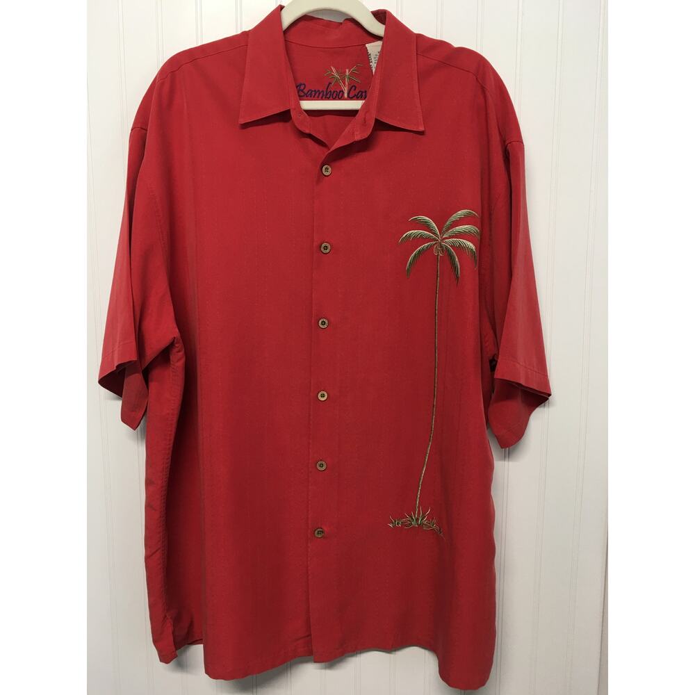Bamboo Cay Mens XL Red Silk Hawaiian Shirt Palm Tree Short Sleeve Tropical